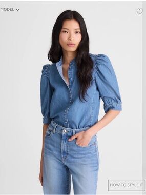 Madewell Light Blue Denim Puff-Sleeve Button-Up Blouse